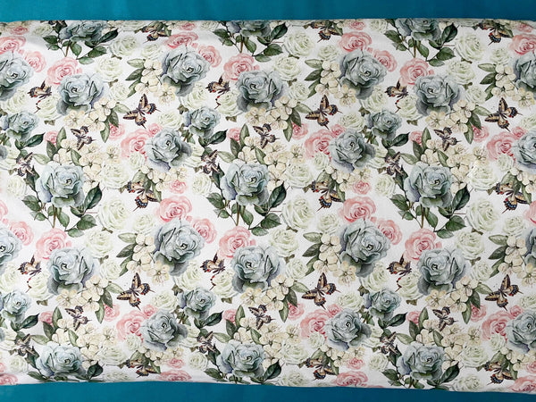 French Terry digital print -  ROSES, JASMINE AND BUTTERFLIES ON A WHITE BACKGROUND