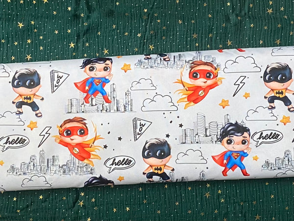 Waterproof Polyester - Superheroes on a light gray background
