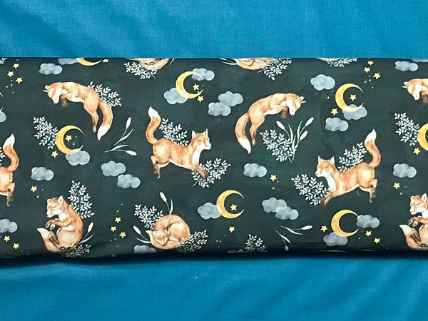 Cotton 100% Premium Digital Print - foxes and moons on a dark green background