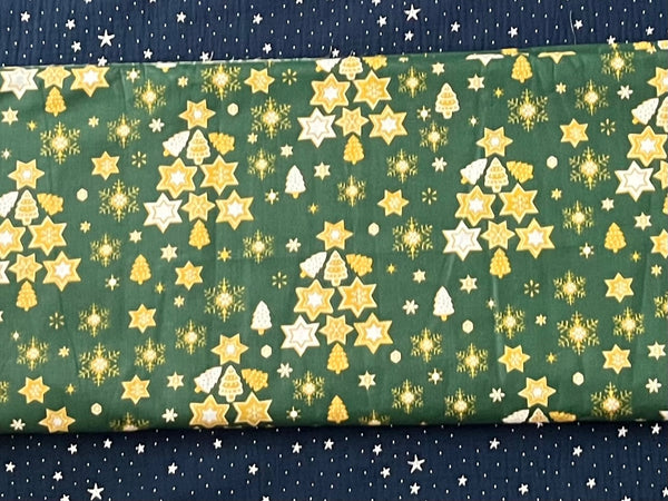 Cotton 100% Christmas - tree with stars on a green back
