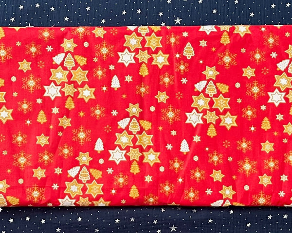 Cotton 100% Christmas - tree with stars on a red back