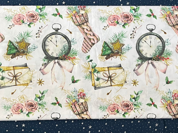 Cotton 100% Christmas - pattern New Year's clocks with roses on a white back