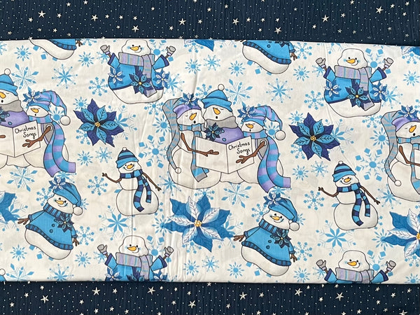 Cotton 100% Christmas - pattern with blue-gray snowmen on a white back