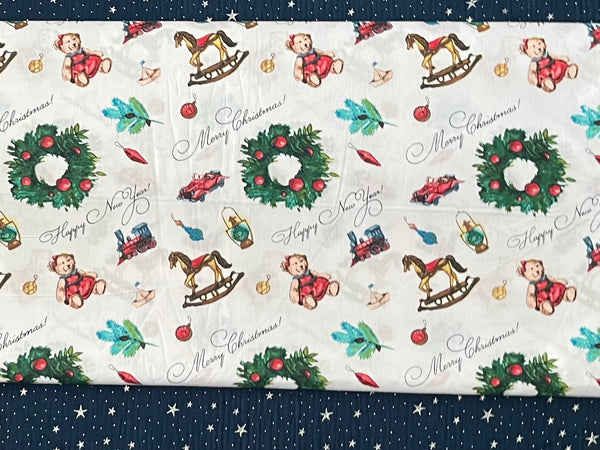Cotton 100% Christmas - pattern wreaths with toys on a white back
