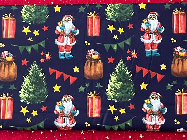 Cotton 100% Christmas - pattern Santa Claus with a bag of gifts on a navy blue back