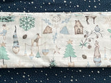 Cotton 100% Christmas -  blue gnomes with a house and a Christmas tree on a white back