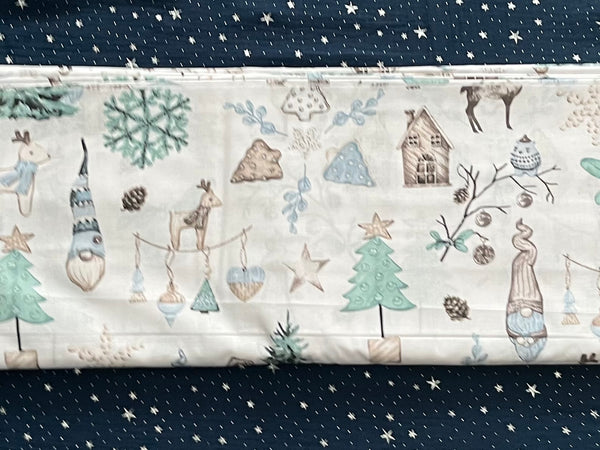 Cotton 100% Christmas -  blue gnomes with a house and a Christmas tree on a white back