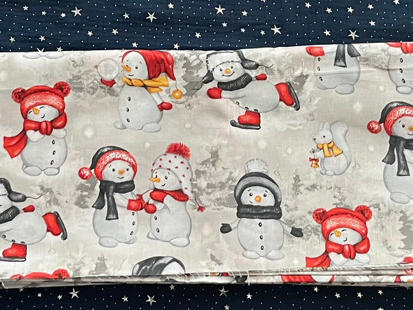 Cotton 100% Christmas - red snowmen with dogs on a gray-beige back