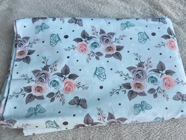 Cotton 100% Patterned - flowers pastel roses with butterflies on a mint background