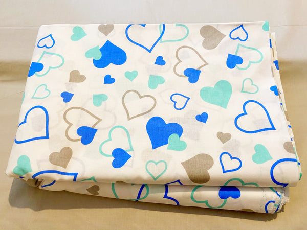 Cotton 100% Patterned - LOVE blue hearts mint on a white background