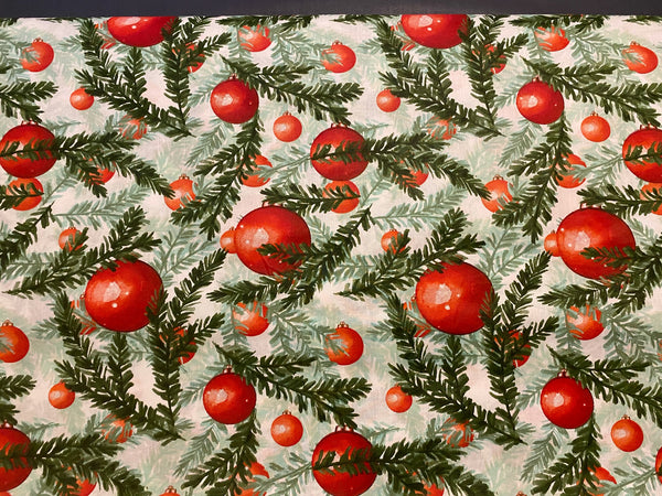 Cotton 100% Christmas - Christmas pattern red Christmas balls with twigs on white background