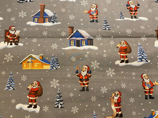 Cotton 100% Christmas - Santas with houses on a gray background