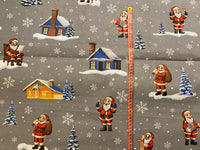 Cotton 100% Christmas - Santas with houses on a gray background