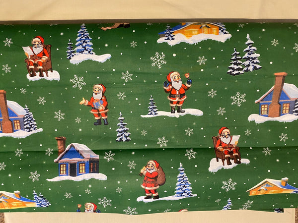 Cotton 100% Christmas - Santas with houses on a green background