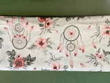 Cotton 100% Patterned - flowers roses with dream catcher red-gray on white background