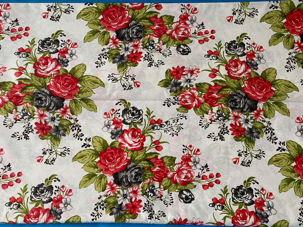 Cotton 100% Patterned -  flowers red-black roses on an ecru background