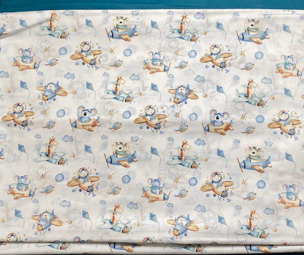 Cotton 100% Kids - Animals in airplanes brownish-blue on a white background