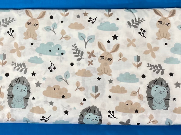 Cotton 100% Kids -  blue-gray hedgehogs with rabbits on a white background