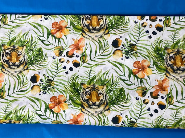 Cotton 100% Patterned - Tigers with leaves on white background