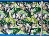 Cotton 100% Patterned - Elephants with greens leaves on a white background