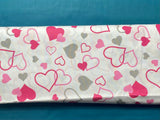 Cotton 100% Patterned - LOVE pink-gray hearts on a white background