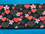 Jersey Knits - hearts, strawberries and geometric on a black background