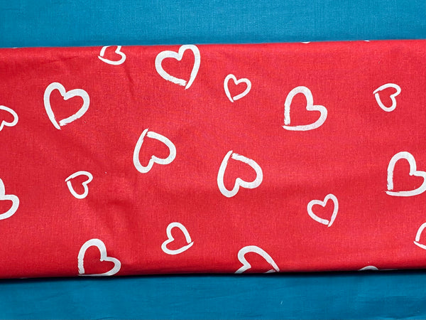 Cotton 100% Patterned - contours hearts white on a red background