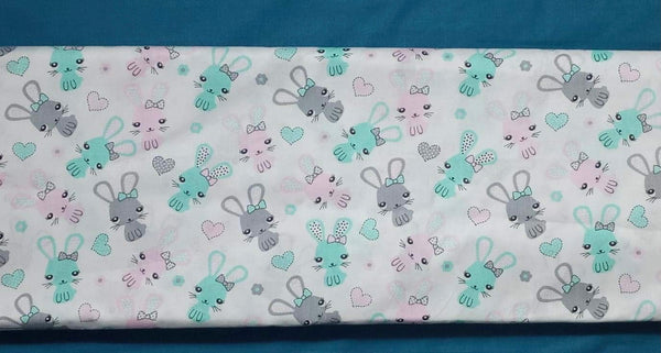 Cotton 100% Kids - pink-mint rabbits on a white background