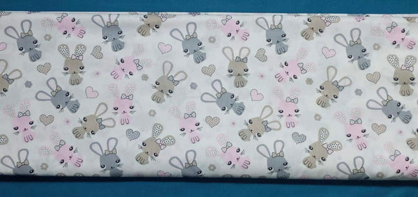 Cotton 100% Kids - pink-beige rabbits on a white background bunnies