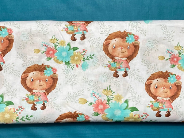 Cotton 100% Kids - Hedgehogs girls with flowers on a white background