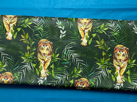 Cotton 100% Patterned - Tigers with palm leaves on a dark green background