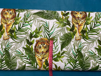 Cotton 100% Patterned - Tigers with palm leaves on a white background