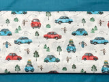 Cotton 100% Patterned - Turquoise-red hunchback cars on a white background