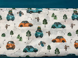 Cotton 100% Patterned - turquoise-orange hunchback cars on a white background