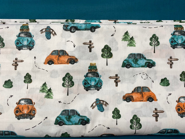 Cotton 100% Patterned - turquoise-orange hunchback cars on a white background