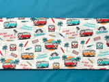 Cotton 100% Patterned - turquoise orange red cars on a white background