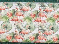 Waterproof Polyester - Flamingos with leaves on a white background