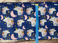 Cotton 100% Kids - unicorns with moons on a navy background