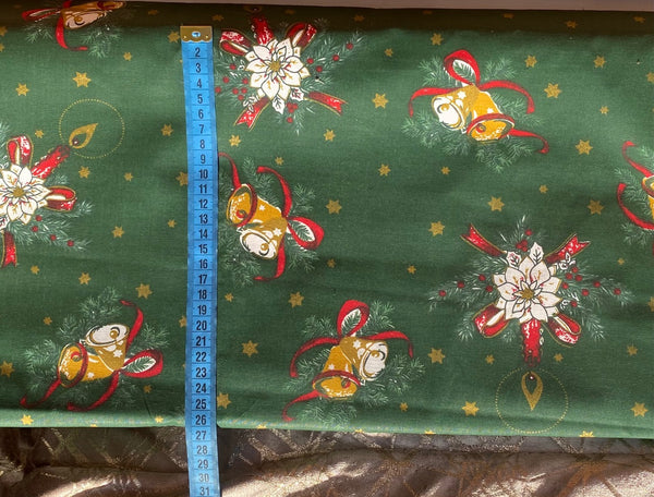 Cotton 100% Christmas - Christmas pattern bells and bouquets gilded on a dark green background