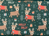 Cotton 100% Premium Digital Print - Christmas Holly Jolly reindeer