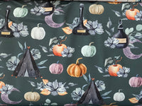French Terry digital print - Halloween pumpkin and teepee tent on a dark back