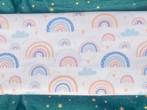 Cotton 100% Kids - colorful rainbows on a white back