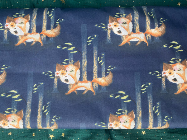 Cotton 100% Kids - foxes in trees on a navy back