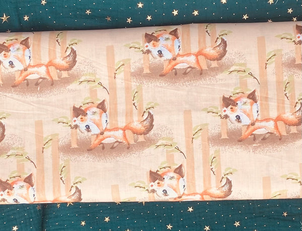 Cotton 100% Kids - foxes in trees on a beige back