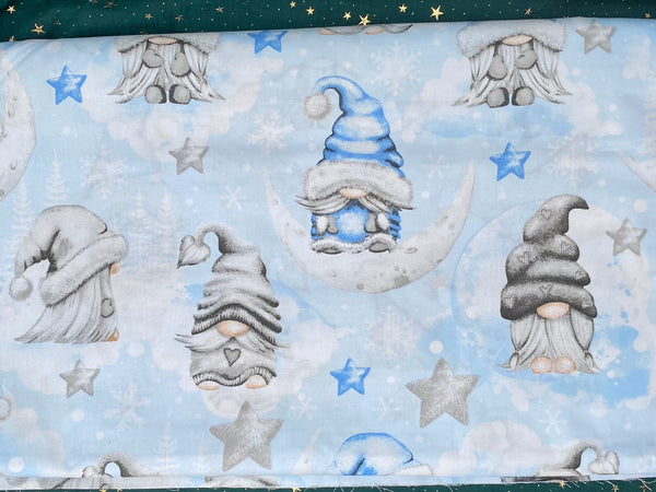 Cotton 100% Christmas - sprites with gray-blue stars on a blue back gnomes,gonk