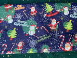 Cotton 100% Christmas - pattern Santas with snowmen on a navy blue back