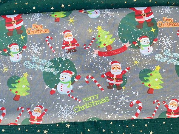 Cotton 100% Christmas - pattern Santas with snowmen on a gray background