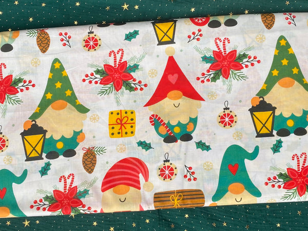 Cotton 100% Christmas - pattern colorful sprites with lanterns on a white back gnomes