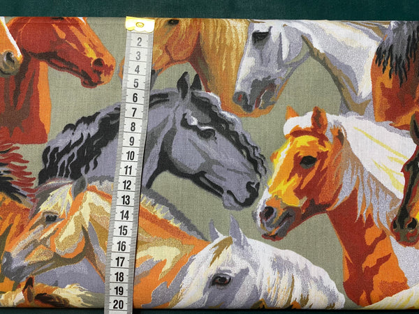 Cotton 100% Patterned - brown & gray horses on gray back