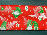 Cotton 100% Christmas - pattern sprites with fern leaves on a red back Gnomes,Gonk